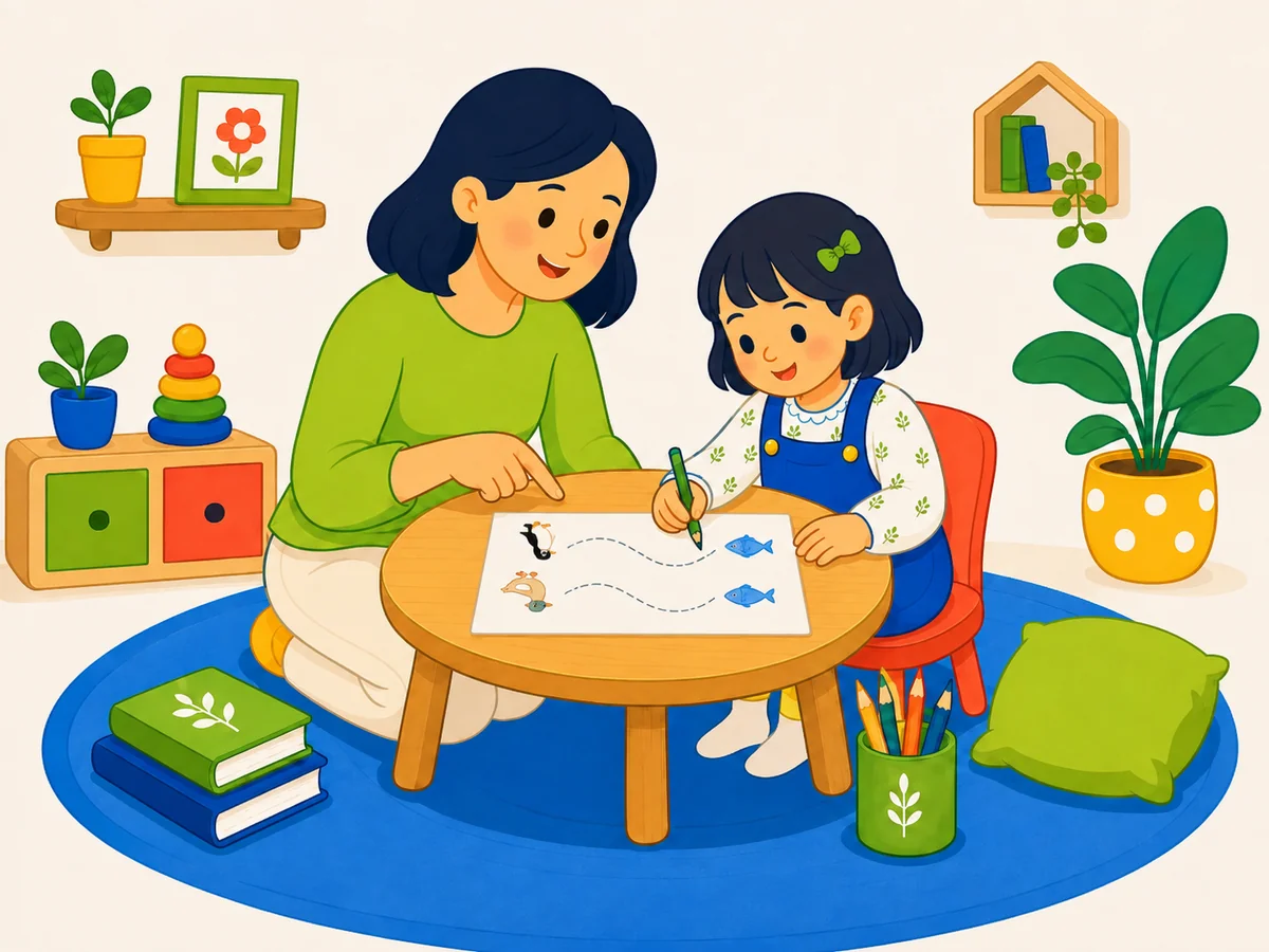 Orang tua mendampingi anak belajar dengan tenang di rumah